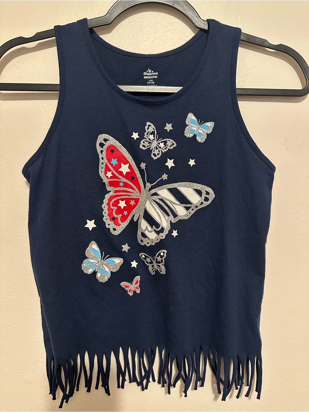 Way To Celebrate Girls Patriotic Butterfly Fringe Tank Top Blue L 10-12
